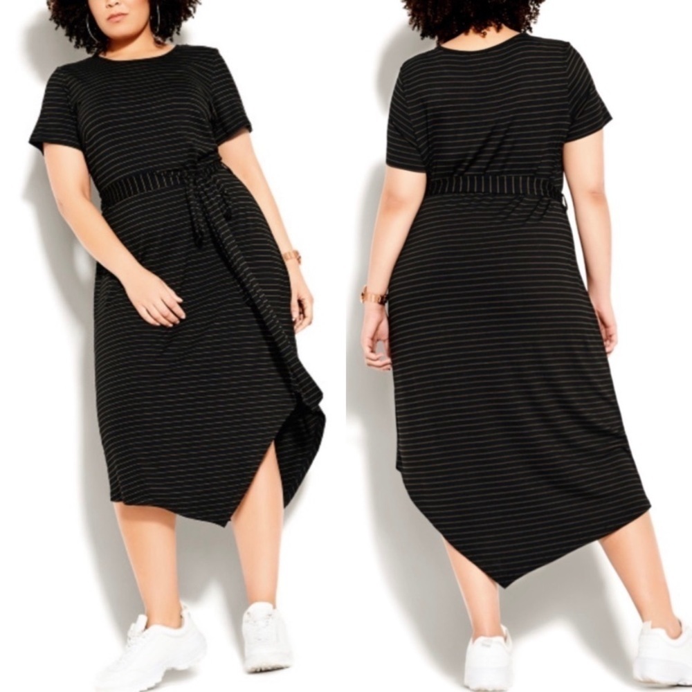 NWT City Chic Casual Stripe Belted Asymmetrical Midi Dress Black White